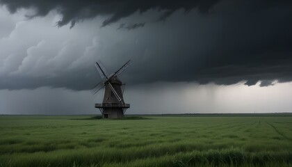 Fototapeta premium A lone windmill standing in a field, bending under the force of strong winds during a storm, with dark clouds looming in the background, creating a dramatic and powerful scene.