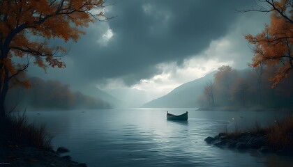 Fototapeta premium A tranquil lake bordered by golden and crimson autumn foliage, reflecting the vibrant colors of fall in a serene and picturesque scene. 