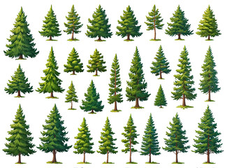 Forest trees Green fir tree forests pine composition and isolated trees cartoon illustration set.