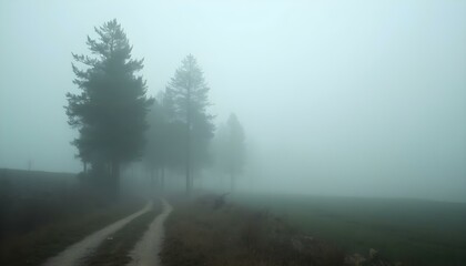 Obraz premium A tranquil countryside landscape wrapped in heavy fog, with misty fields and trees creating a serene and mysterious atmosphere.