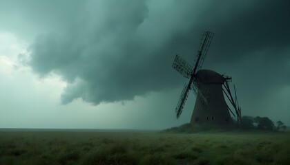 Fototapeta premium A lone windmill standing in a field, bending under the force of strong winds during a storm, with dark clouds looming in the background, creating a dramatic and powerful scene.