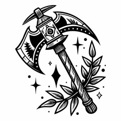 Fototapeta premium Ornate Axe and Olive Branch Design with Decorative Elements and Stars