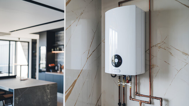 A modern white tankless water heater connected to the main water and plumbing system