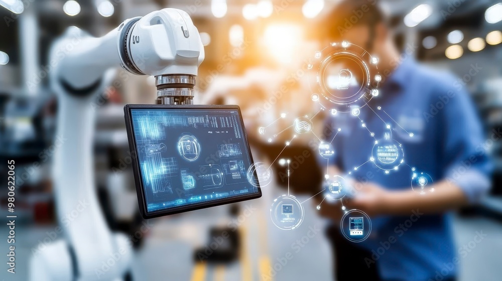 Poster Mechanical Engineer Overseeing Factory Automation with Advanced Robotics.