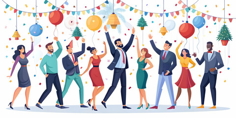 Flat Candid New Year Eve Party Scene: Lively Vector Illustration of Guests Dancing Amidst Colorful Decorations & Lights, Capturing Celebration Energy