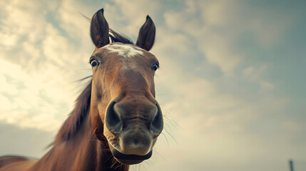 Fototapeta premium Majestic Horse Portrait in Soft Natural Light, Close-up of Elegant Brown Horse with Focused Expression and Detailed Fur Texture, Serene Nature Background