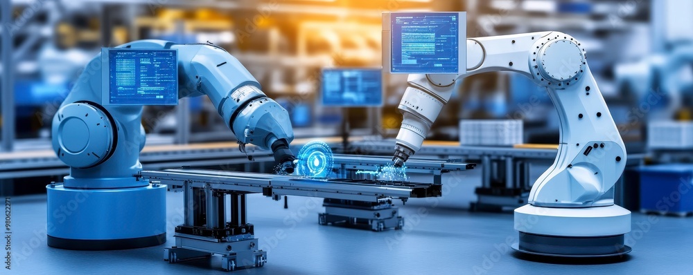 Poster mechanical engineer overseeing factory automation with advanced robotics.