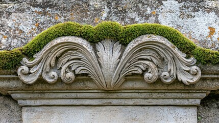 Intricate stone carving adorned with vibrant moss at an ancient structure in nature