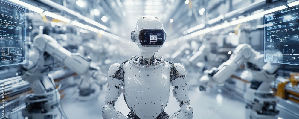 Poster mechanical engineer overseeing factory automation with advanced robotics.