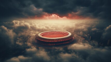 Sport stadium aerial view with stormy weather and dark clouds. Neural network ai generated art
