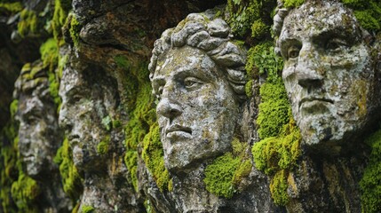 Fototapeta premium Ancient stone faces covered in vibrant green moss at a forgotten hillside location