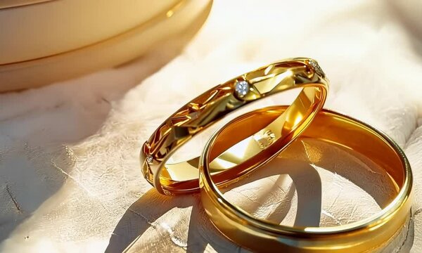 Golden wedding rings on white background, Video