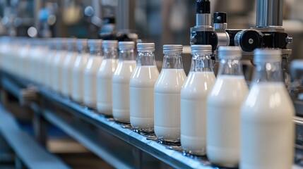A close-up view of milk bottles on a production line in a dairy factory, showcasing the efficiency of the dairy processing process.