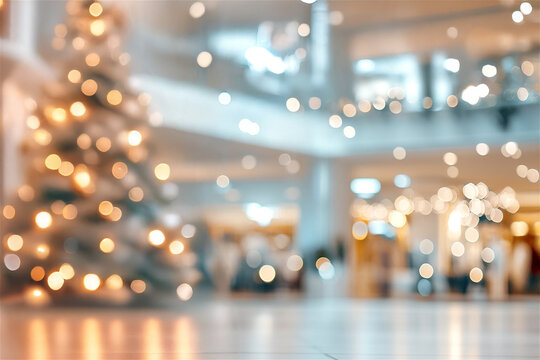 Abstract blurred bokeh background of a brightly lit shopping mall decorated for christmas with a large christmas tree in the foreground