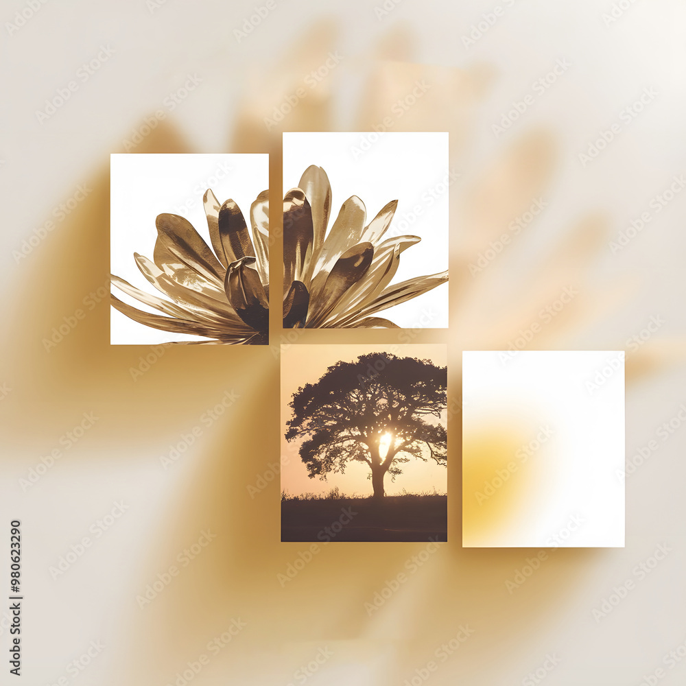 Poster a conceptual art piece with three squares. the first square contains a golden flower with delicate g