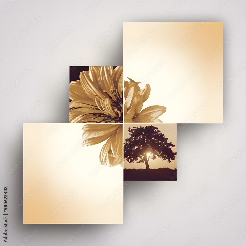 Poster a conceptual art piece with three squares. the first square contains a golden flower with delicate g