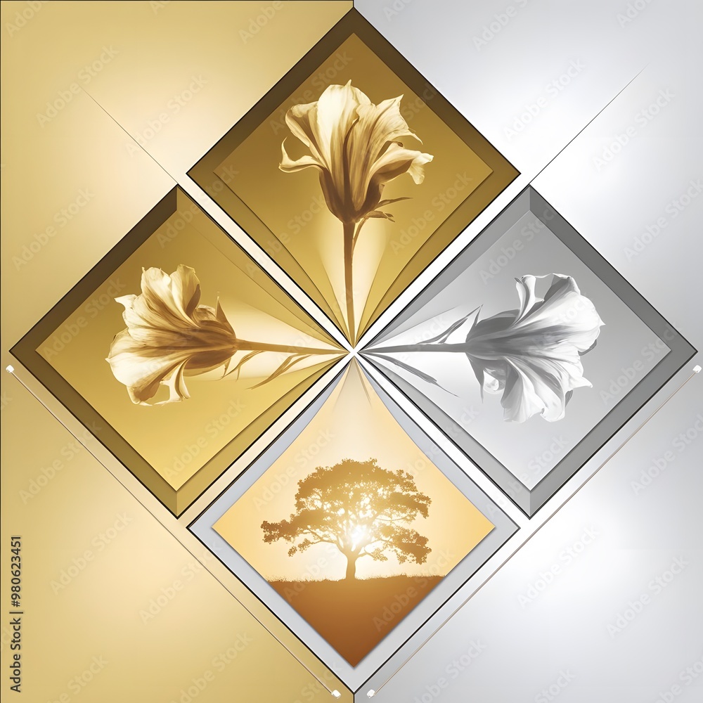 Poster a conceptual art piece with three squares. the first square contains a golden flower with delicate g