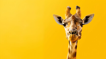Obraz premium Giraffe Close-up Against Vibrant Yellow Background, Detailed Portrait of Tall Giraffe with Long Neck and Soft Eyes, Majestic Wildlife Animal in Bright Studio Setting 