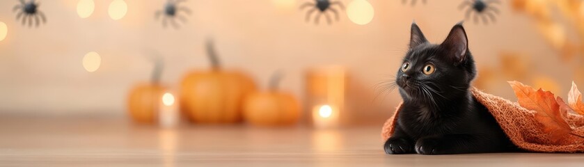 Black cat in a devil costume, with holiday-themed Halloween decorations like glowing pumpkins, bats, and skulls scattered around