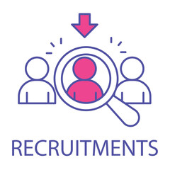 Vector icon for recruitments. A magnifying glass over people, representing job search, employee selection, and hiring in monoline style.