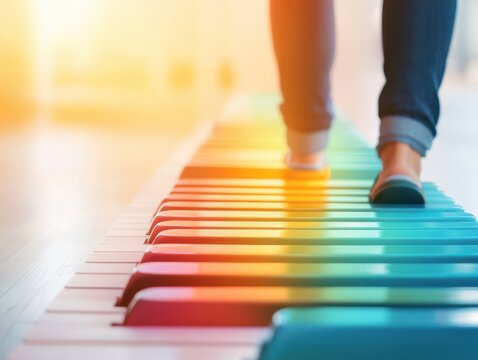 A person walks confidently on colorful piano keys, blending music and movement in a vibrant atmosphere of creativity and joy.