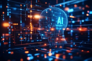 Obraz premium Digital brain surrounded by glowing data streams representing artificial intelligence machine learning and big data in a futuristic blue and red network grid environment