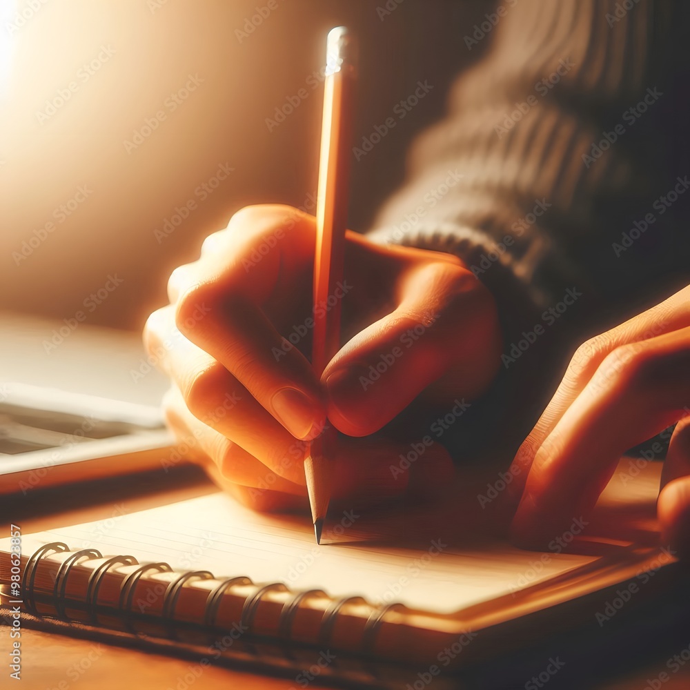 Poster a close-up of a person's handwriting in a notebook with a pencil generated by ai`