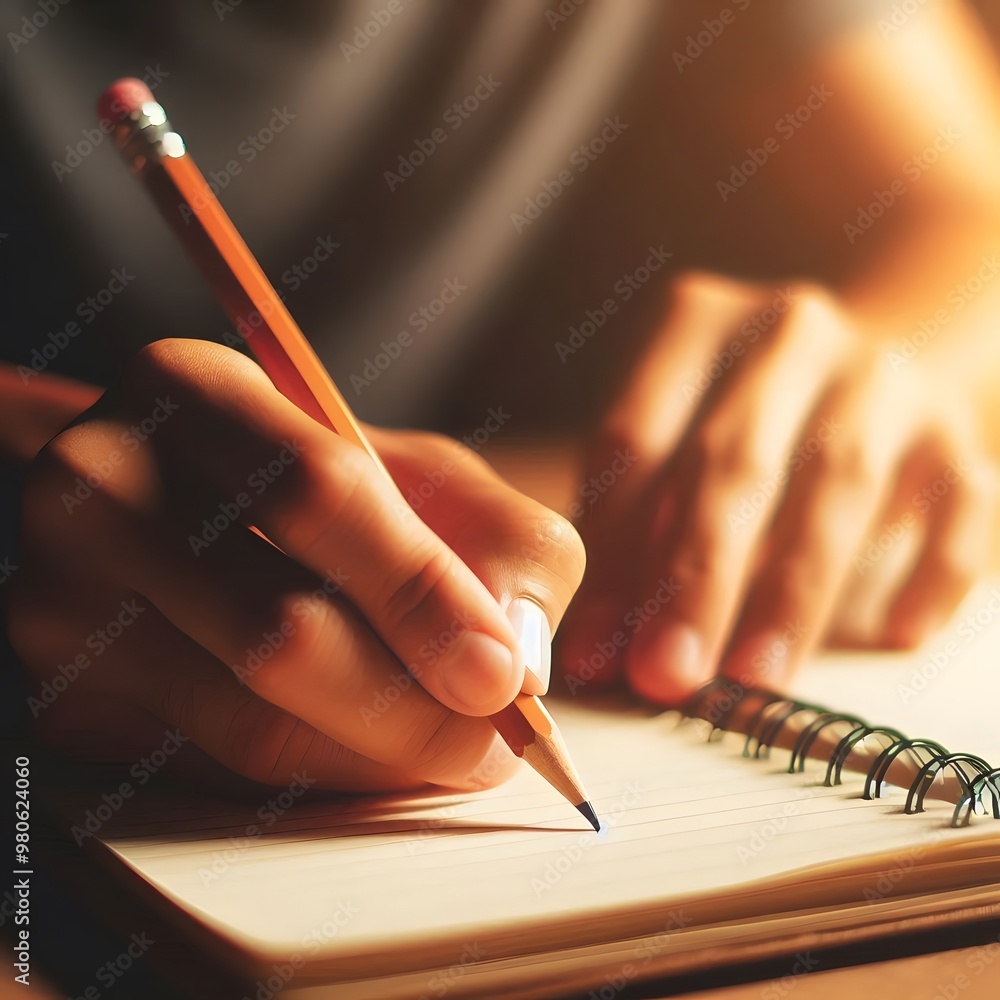 Poster a close-up of a person's handwriting in a notebook with a pencil generated by ai`