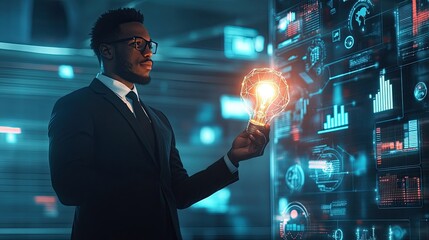 Businessman Holding Light Bulb in Modern Office Environment