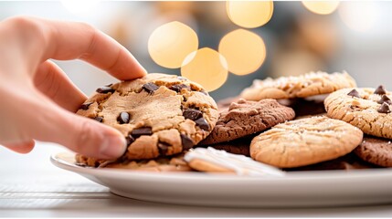 Hand reaches for a chocolate chip cookie on a plate of assorted cookies with bokeh background. Celebrating the joy of sharing cookies.
