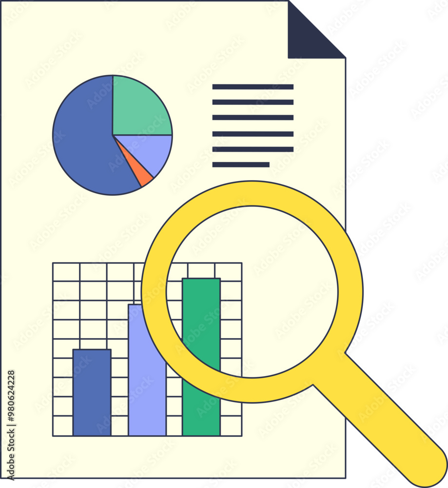Poster a magnifying glass over a document with charts, symbolizing data analysis and scrutiny.