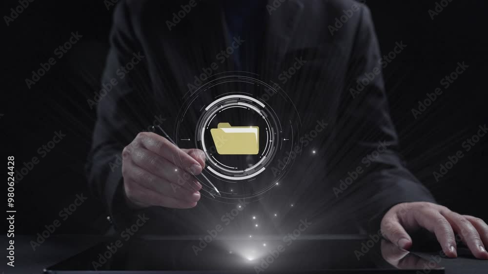 Poster business person managing online documents folders for efficient work processes. ensure secure and qu