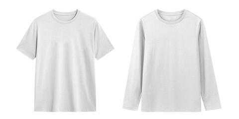 Two white t shirts, one short sleeve and one long sleeve, isolated on white background.