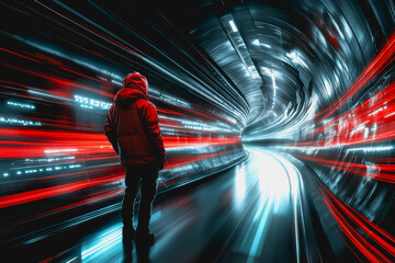 Person in red jacket in futuristic tunnel with dynamic red and blue light trails