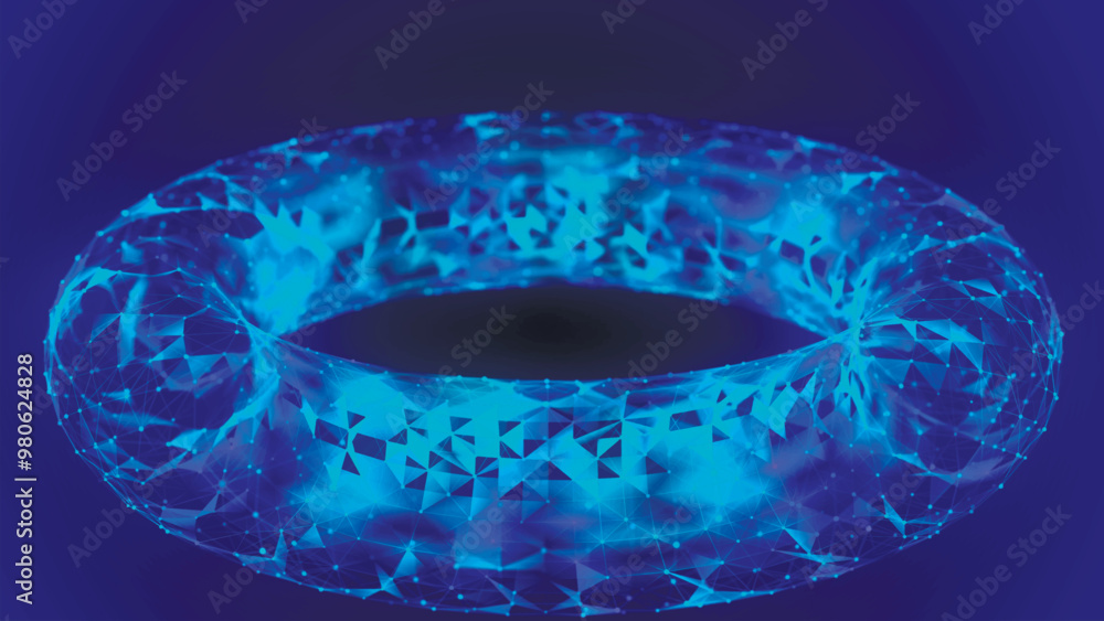 Poster abstract wireframe torus on blue background. geometric figure. scientific data flow. futuristic digi