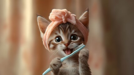 Cat brushing teeth with toothbrush, cute kitten with a towel turban, bokeh background, copy space. Funny animal portrait, Pet insurance, health care, dental check up, oral hygiene concept digital art.