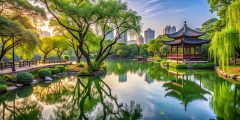 Fototapeta premium Ancient trees tower above serene lakes and winding paths in Gongqing Forest Park, a tranquil oasis in the heart of Shanghai's urban bustle.