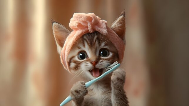 Cat brushing teeth with toothbrush, cute kitten with a towel turban, bokeh background, copy space. Funny animal portrait, Pet insurance, health care, dental check up, oral hygiene concept digital art. - Powered by Adobe