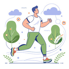 Man jogging with enthusiasm in a vibrant outdoor landscape filled with greenery and clouds