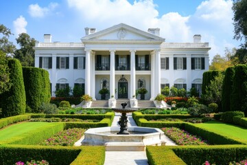Obraz premium A grand mansion with columns and a manicured garden featuring a central fountain.