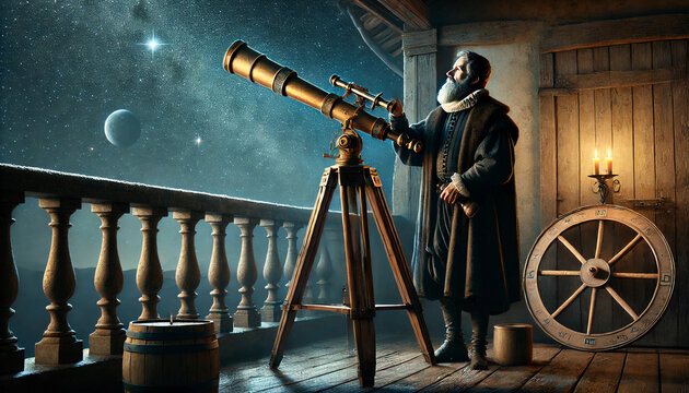 Galileo Galilei stargazes through his telescope, capturing a groundbreaking moment in astronomical history, as the starry night sky reveals celestial wonders
