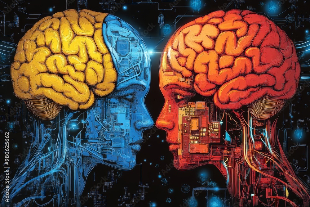 Poster two heads one with blue and one with red brains facing each other representing the conceptual clash 