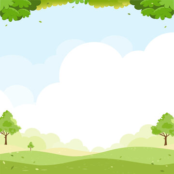 Sky blue with cloud background,Spring landscape with green grass field and tree on mountain,Panorama Nature Summer rural with copy space,Cute Cartoon vector illustration backdrop banner for Easter