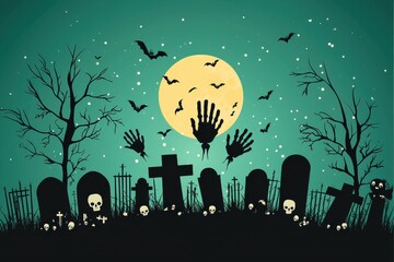 Spooky graveyard scene with silhouettes of graves, bats and a full moon in the night sky