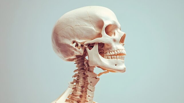 Detailed human skeletal system in a hyper-real style, showing the skull and spinal column, high-quality, sharp illustration with precise bone structure