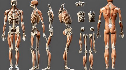 Anatomical breakdown of the human skeletal and muscular systems, hyper-real, sharp, high-quality illustration, intricate details of joints and tendons