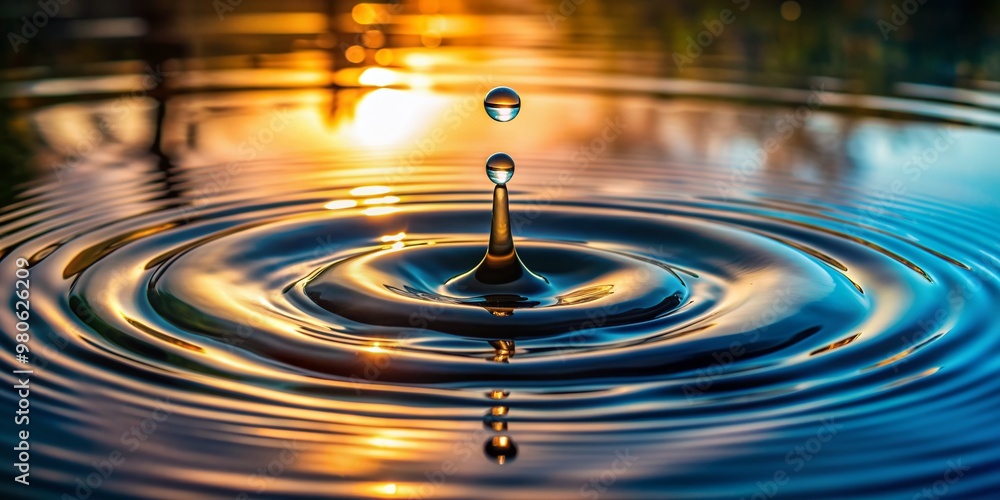 Poster serene droplet of rain creating ripples on a mirror-like water surface, capturing the fleeting momen