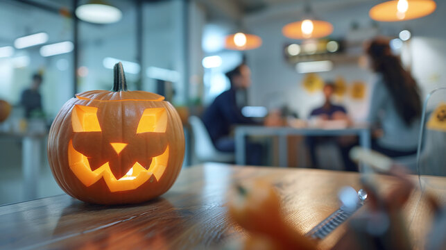 Halloween jack o lantern pumpkin on office table with colleagues meeting in background