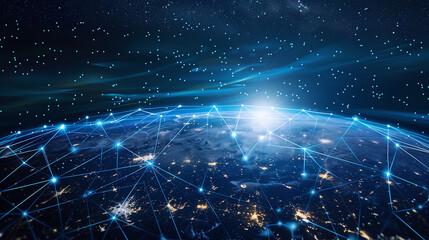 Obraz premium Continents of planet Earth are connected by dark blue lines symbolizing digital connection between people