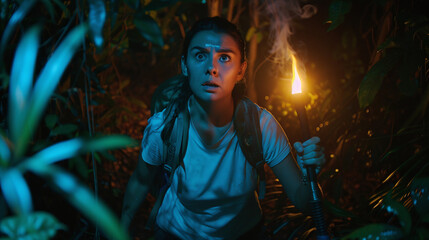 Obraz premium Female tourist with backpack and torch makes her way through dense jungle